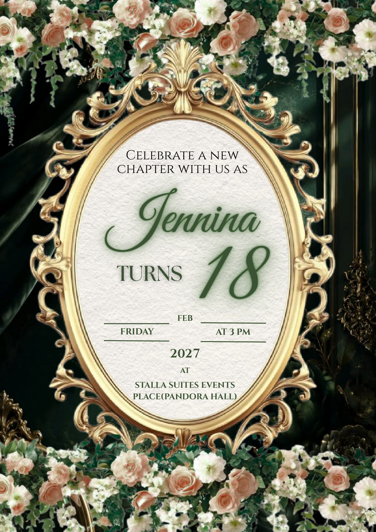 Jennina Turns 18 - Official Debut Invitation - Friday, February 5, 2027 at 3:00 PM at Stalla Suites Events Place (Pandora Hall)
